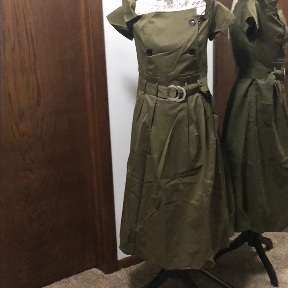 Lulumari Olive Green Belted Fit-and-Flare Dress